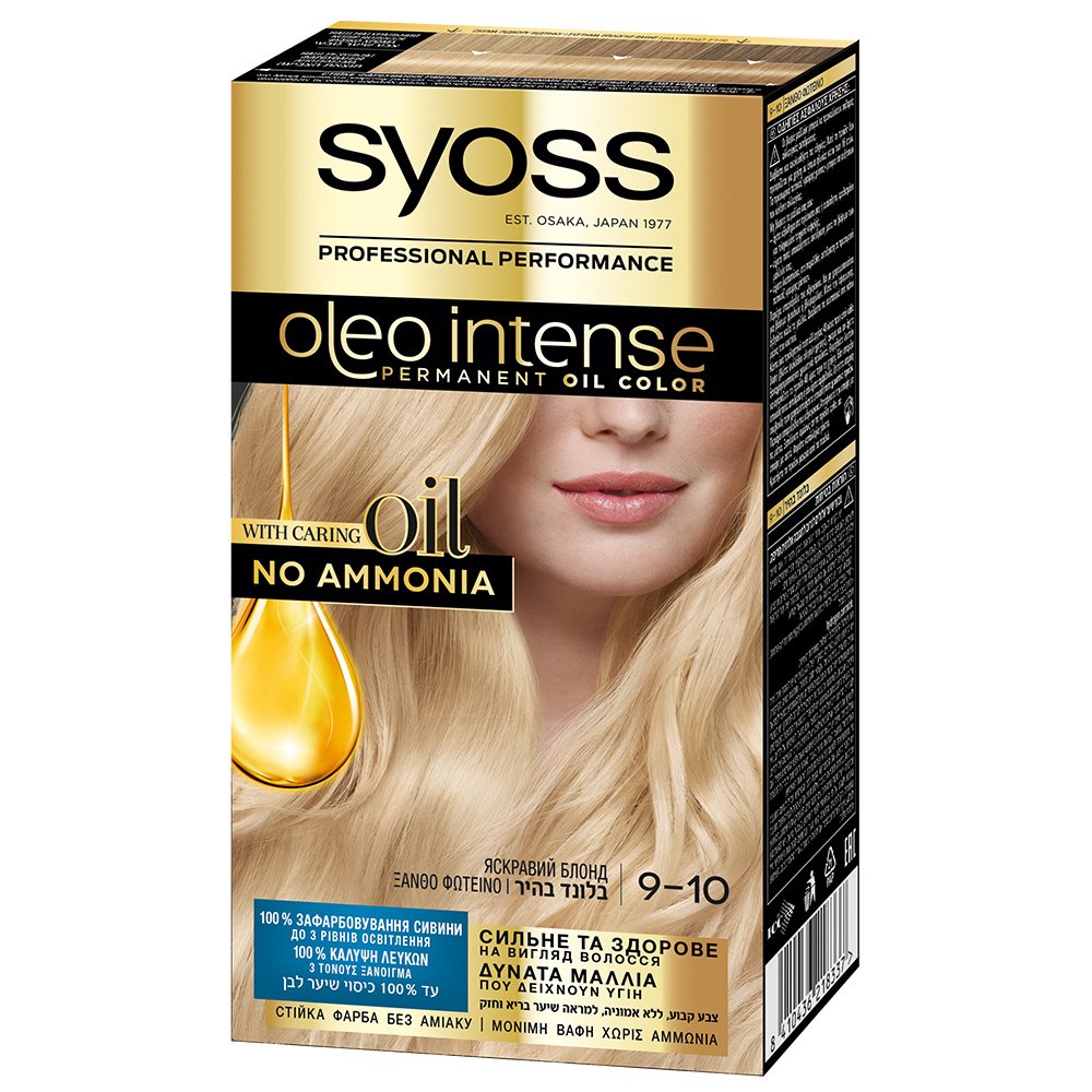 Syoss Oleo Intense Permanent Oil Hair Color Kit Επαγγελματική Μόνιμη Βαφή Μαλλιών για Εξαιρετική Κάλυψη & Έντονο Χρώμα που Διαρκεί, Χωρίς Αμμωνία 1 Τεμάχιο – 9-10 Ξανθό Φωτεινό
