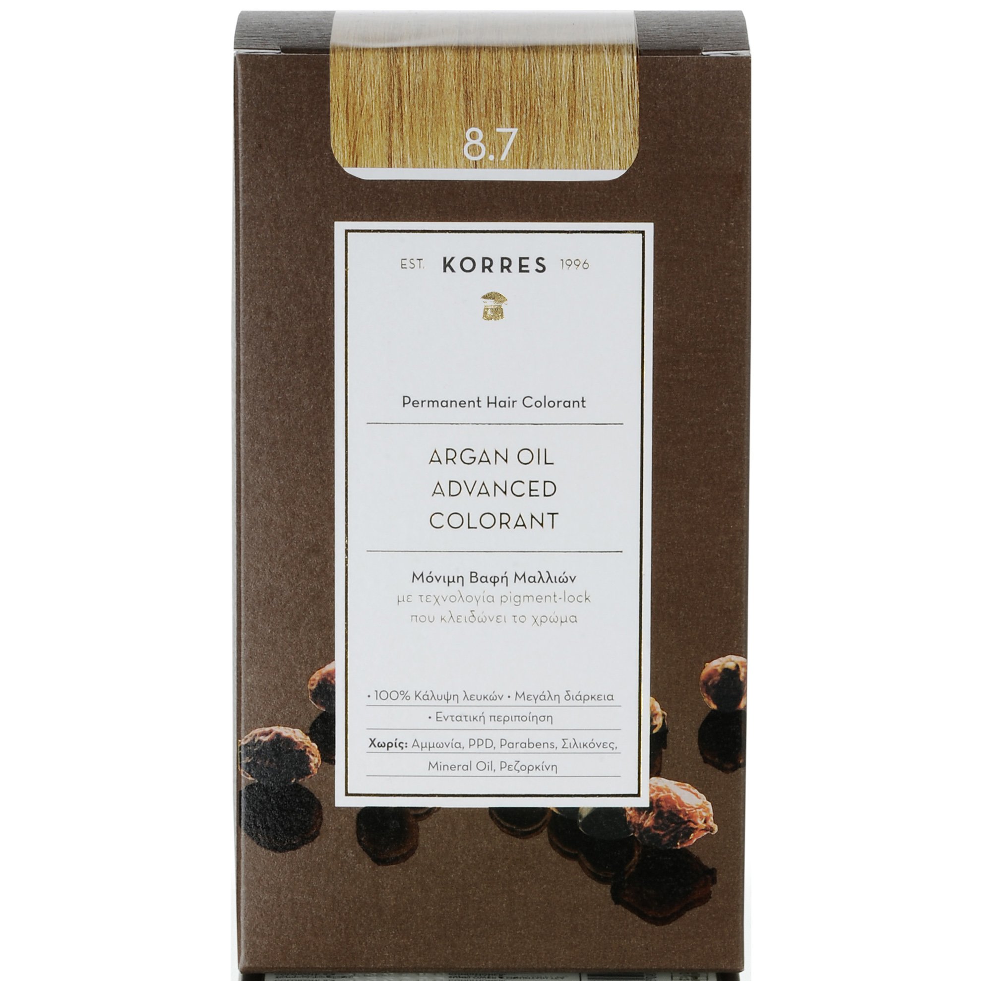 Korres Argan Oil Βαφή Μαλλιών Χωρίς Αμμωνία με Τεχνολογία Pigment-Lock που Κλειδώνει το Χρώμα 1 Τεμάχιο – 8.7 Καραμέλα