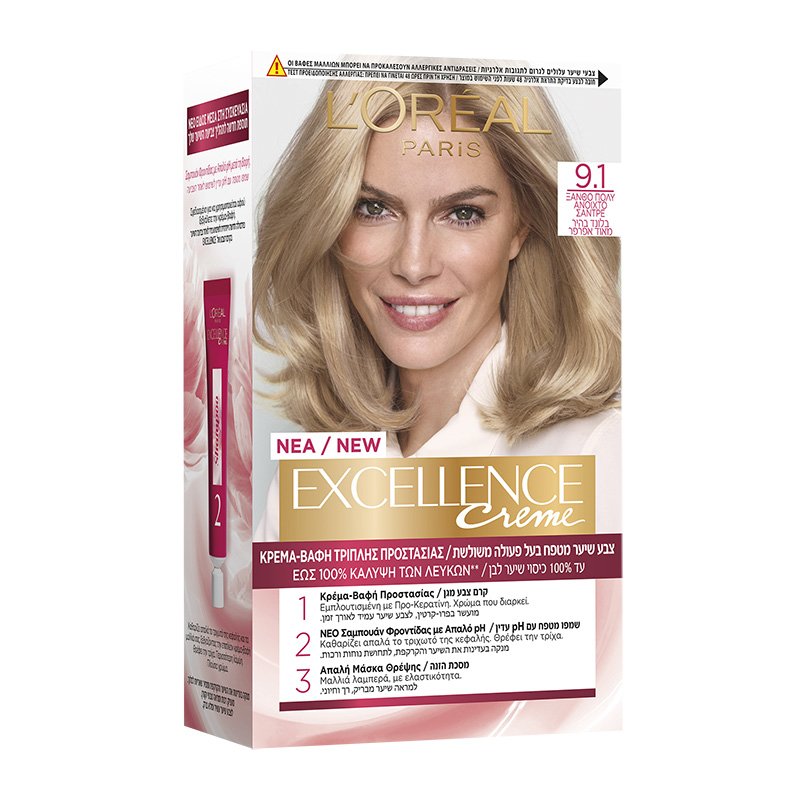 L’oreal Paris Excellence Creme Permanent Hair Color Kit Μόνιμη Κρέμα Βαφή Μαλλιών με Τριπλή Προστασία & Κάλυψη των Λευκών 1 Τεμάχιο – 9.1 Ξανθό Πολύ Ανοιχτό Σαντρέ