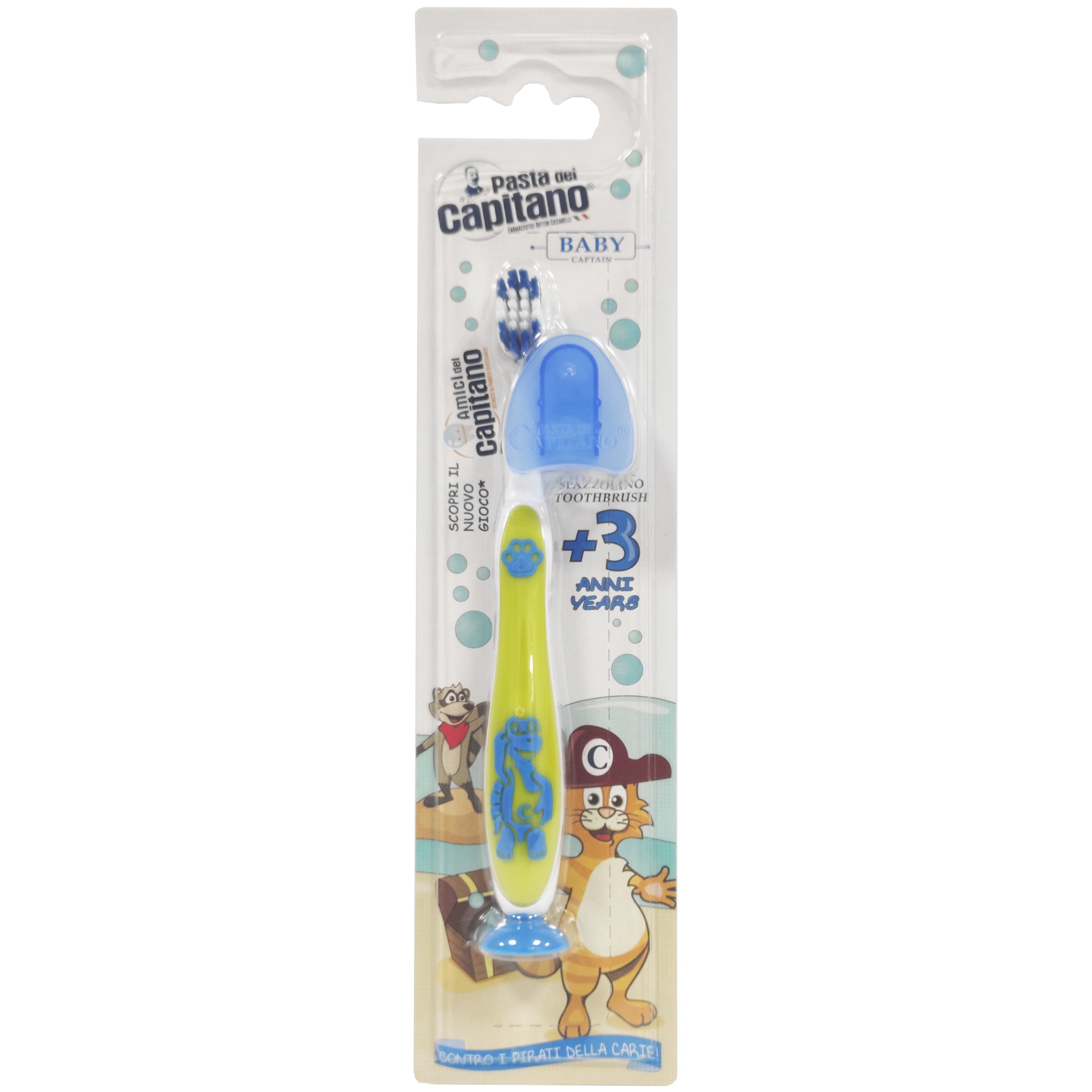 Health-Plus Pasta Del Capitano Baby Soft Toothbrush 3+ Years Παιδική Οδοντόβουρτσα με Μαλακές Ίνες, Ειδική Βάση Στήριξης & Καπάκι 1 Τεμάχιο - Λαχανί