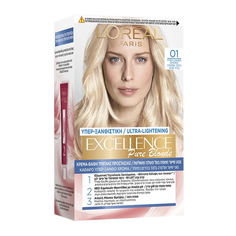 L’oreal Paris Excellence Pure Blonde Permanent Hair Color Kit Μόνιμη Κρέμα Βαφή Μαλλιών με Τριπλή Προστασία & Κάλυψη των Λευκών 1 Τεμάχιο – 01 Υπερ-Ξανθό Φυσικό