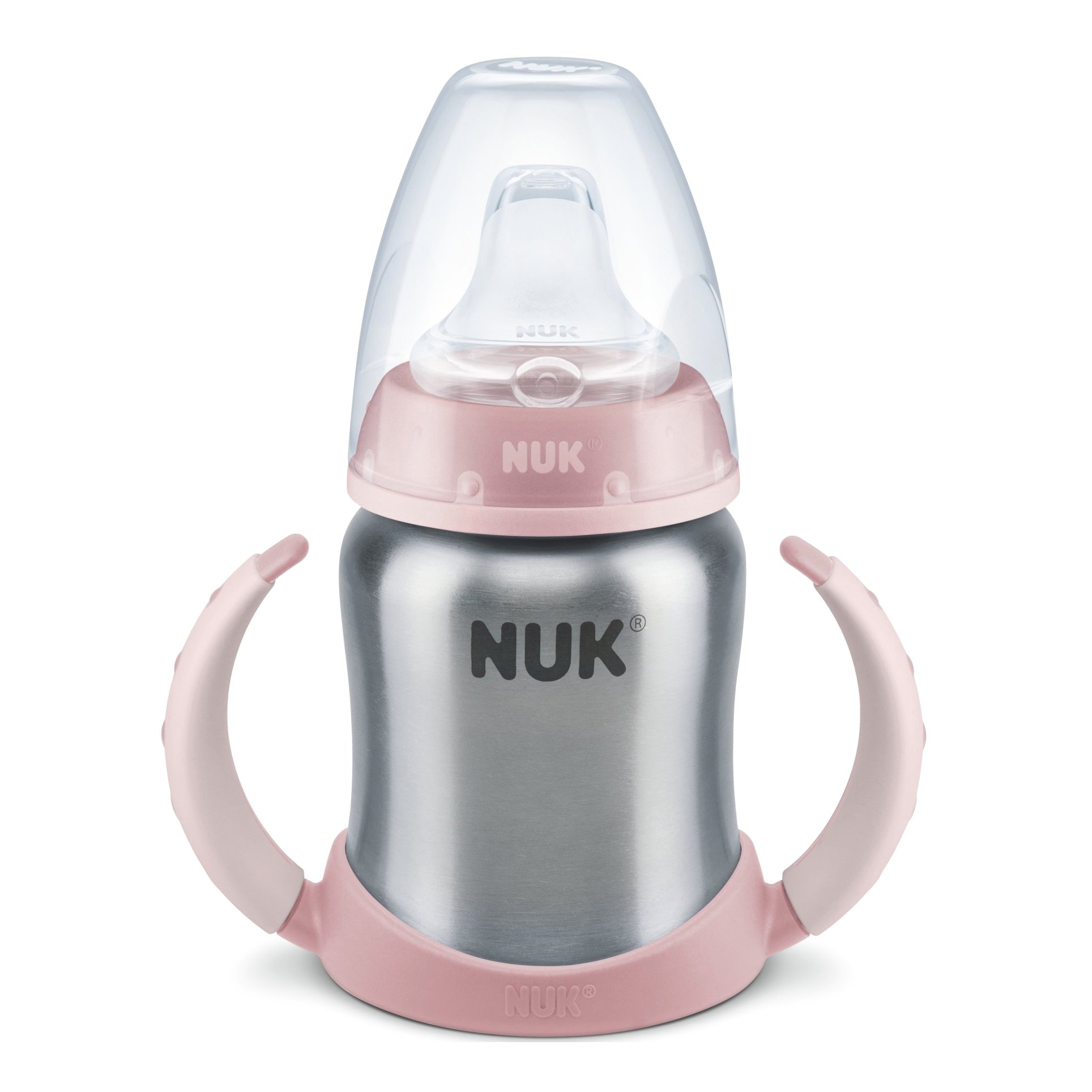 Nuk Learner Cup Μπιμπερό Εκπαίδευσης Ανοξείδωτη Φιάλη με Λαβές & Ρύγχος Σιλικόνης 6-18m BPA Free 125ml – ροζ