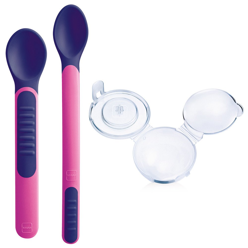 Mam Mam Heat Sensitive Spoons & Cover 6m+ Μαλακά Βρεφικά Θερμοευαίσθητα Κουταλάκια με Θήκη 2 Τεμάχια, Κωδ 513 - Ροζ
