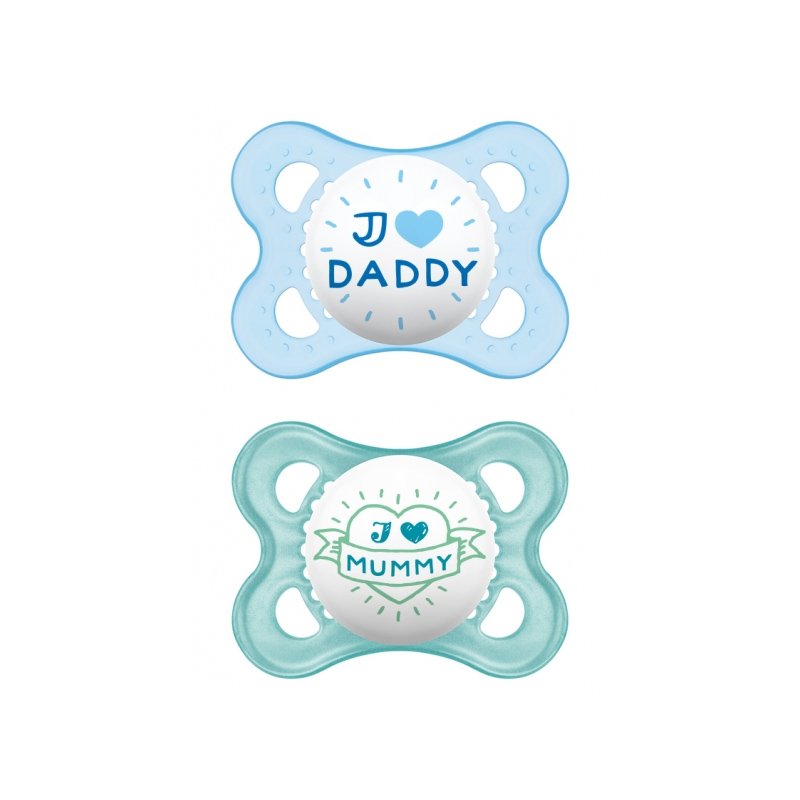 Mam I Love Mummy & Daddy Ορθοδοντική Πιπίλα Σιλικόνης Κωδ 115S από 2 Έως 6 Μηνών 2 Τεμάχια – Γαλάζιο – Σιέλ