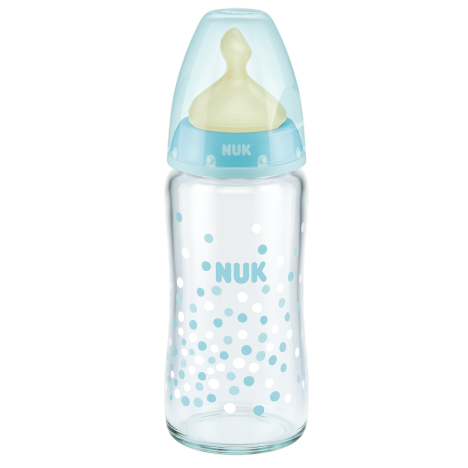 Nuk First Choice Plus Γυάλινο Μπιμπερό με Θηλή Καουτσούκ Μεγέθους 1 (0-6 Μηνών) Medium 240ml – μπλέ