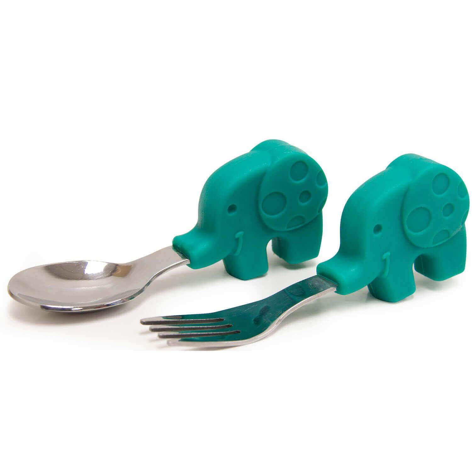 Marcus & Marcus Palm Grasp Spoon & Fork Set 18m+ Σετ Εκμάθησης Κουτάλι & Πιρούνι Σιλικόνης 2 Τεμάχια – πράσινο