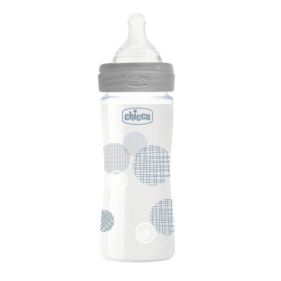 Chicco Well Being Anti Colic System Γυάλινο Μπιμπερό Χωρίς BPA με Σύστημα Κατά των Κολικών, Θηλή Σιλικόνης 0+ Μηνών 240ml – γκρι