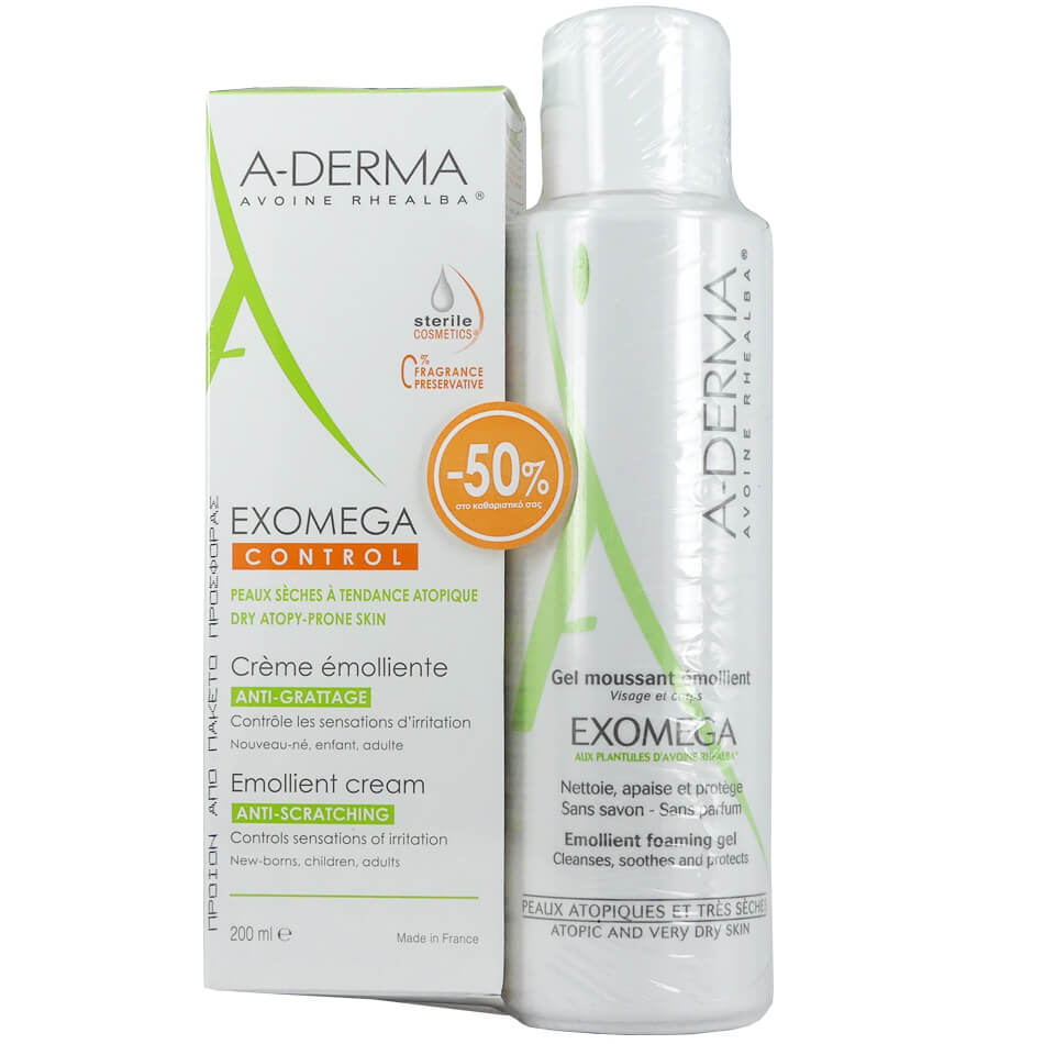 A-derma Πακέτο Προσφοράς Exomega Control Creme Emolliente 200ml & Exomega Gel Moussant Emollient 500ml -50% στο Καθαριστικό
