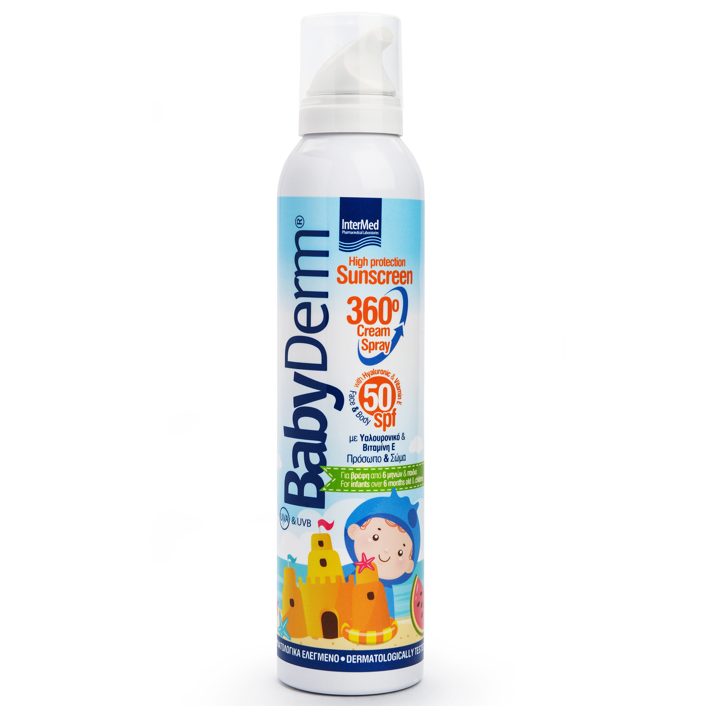 Intermed Babyderm Sunscreen 360° Cream Spray Spf50 Αντηλιακή Κρέμα Προσώπου Σώματος σε Μορφή Spray 360° με Υαλουρονικό & Βιταμίνη Ε 200ml