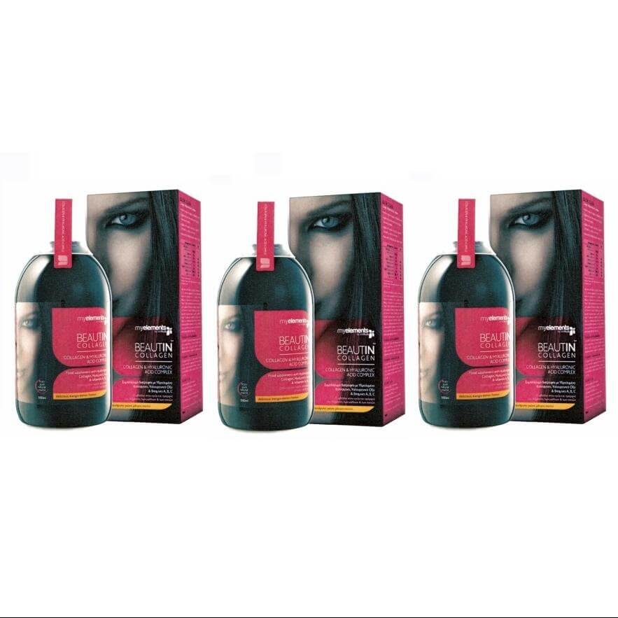 3 x MyElements Beautin Collagen Υδρολυμένο Πόσιμο Κολλαγόνο Με Υαλουρονικό Οξύ Και Βιταμίνες A,B,C 3x500ml – 2 ΣΟΚΟΛΑΤΑ + 1 ΜΑΝΓΚΟ-ΠΕΠΟΝΙ
