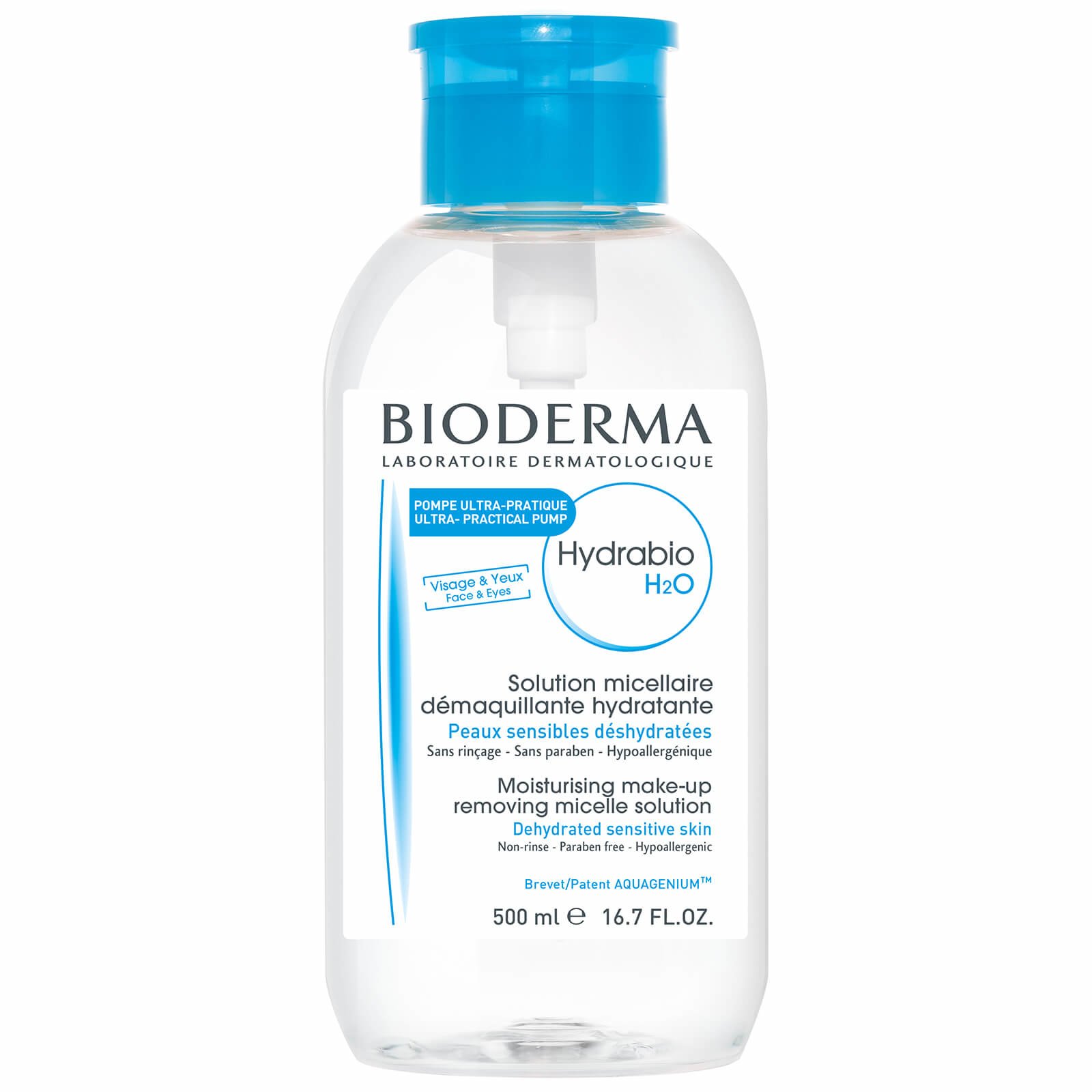 Bioderma Hydrabio H20 Καθαριστικό & Ενυδατικό Διάλυμα σε Μορφή Νερού με Aquagenium με Αντίστροφη Αντλία, 500ml