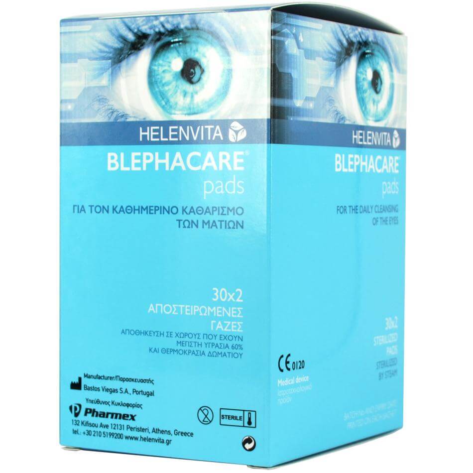 Helenvita Blephacare Pads Αποστειρωμένες Γάζες για τον Καθημερινό Καθαρισμό των Ματιών 30×2