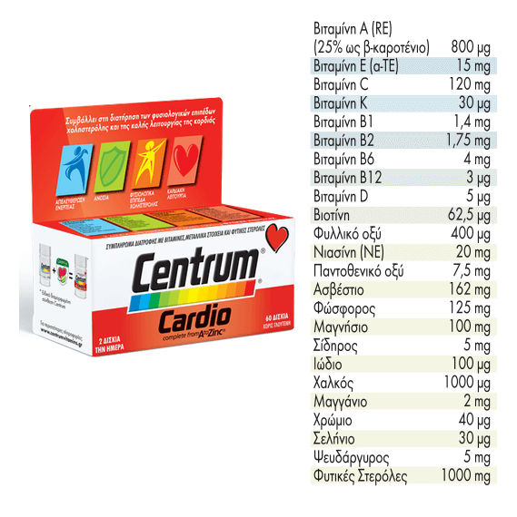 Centrum Cardio A to Zinc Συμπλήρωμα Διατροφής Με Ειδική, Πλήρη Και Ισορροπημένη Σύνθεση 60tabs