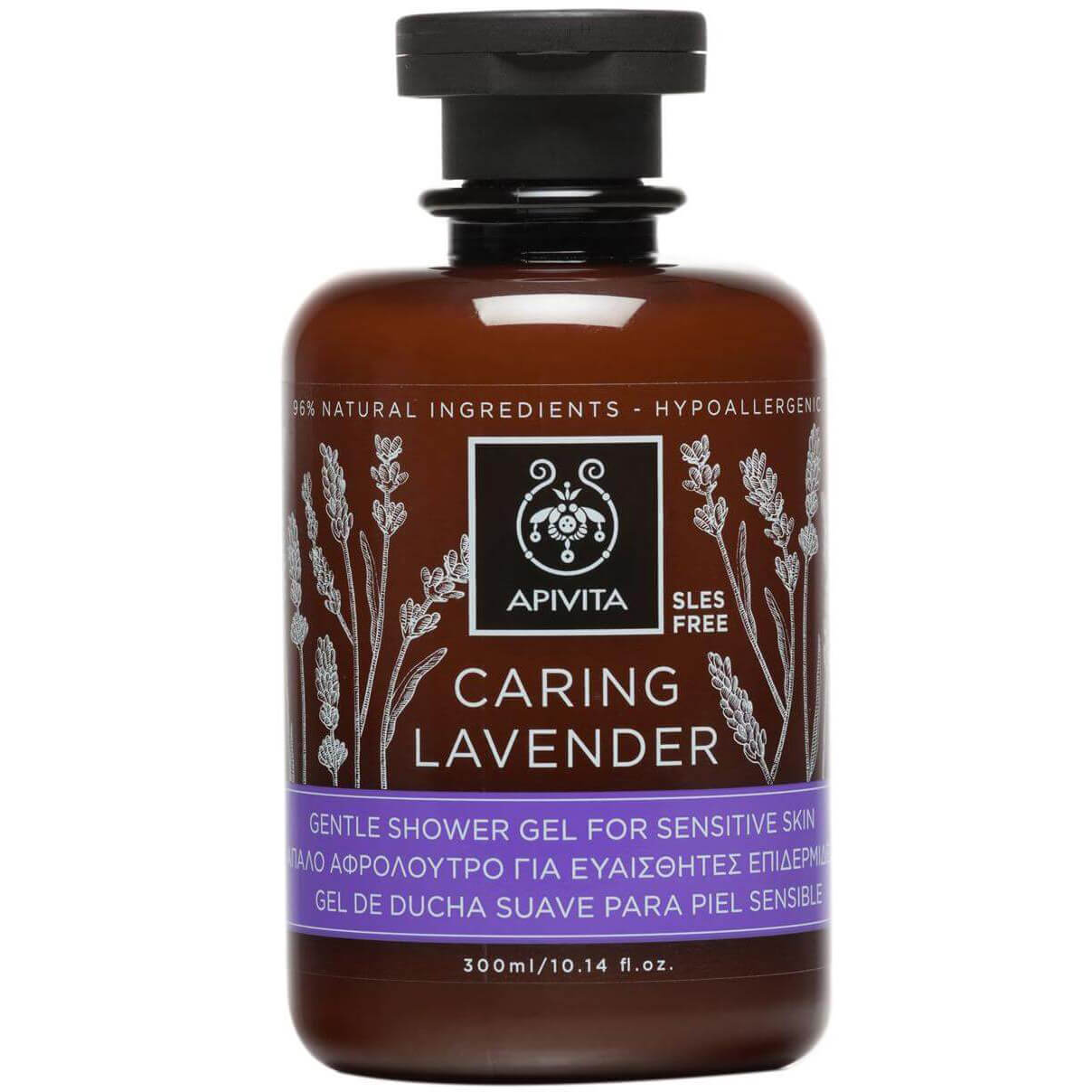 Apivita Caring Lavender Shower Gel Χαλαρωτικό Αφρόλουτρο για Ευαίσθητες Επιδερμίδες με Βιολογικό Αιθέριο Έλαιο Λεβάντας 300ml