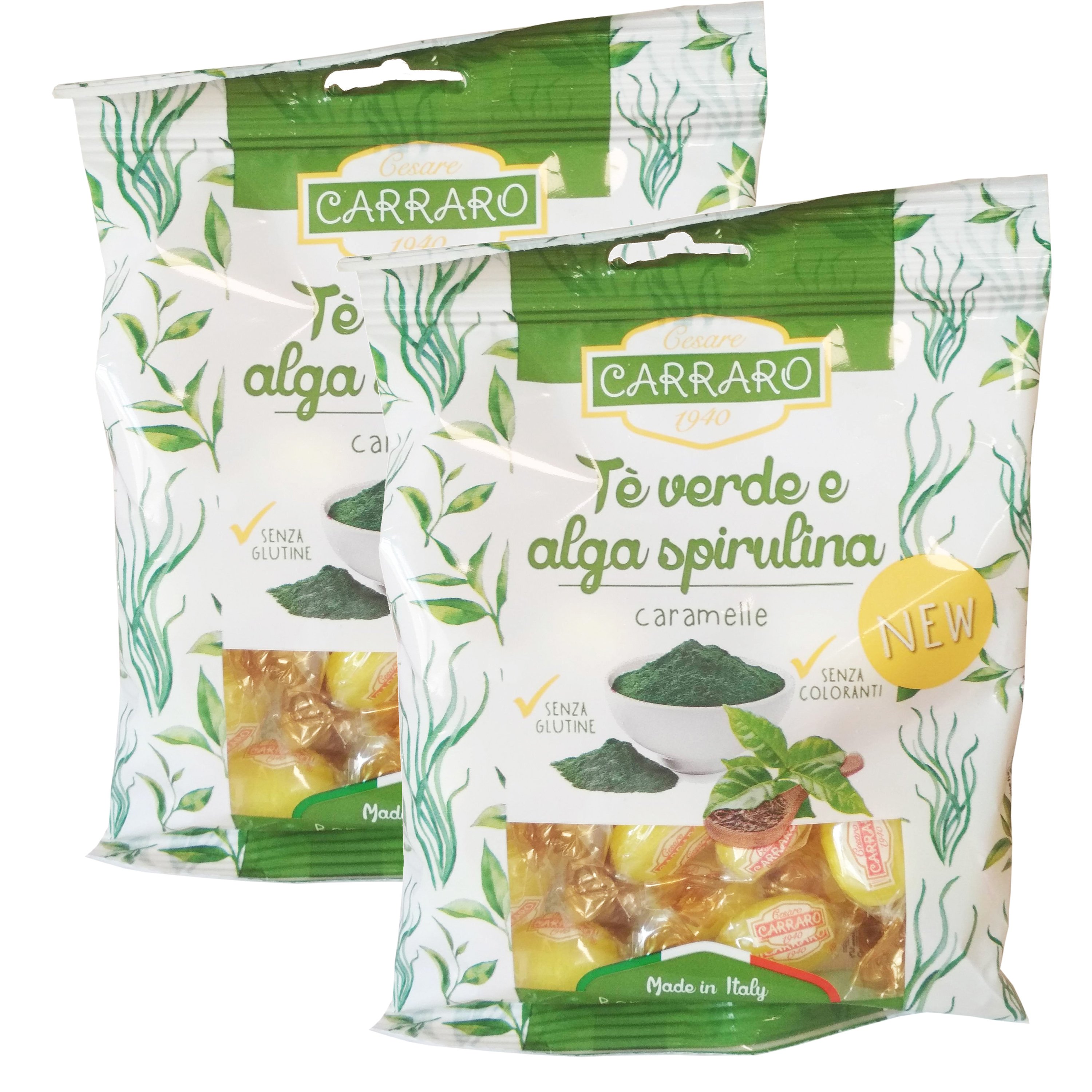 Carraro Πακέτο Προσφοράς Caramelle Te Verde e Alga Spirulina Καραμέλες για το Λαιμό με Πράσινο Τσάι & Σπιρουλίνα 2x100gr