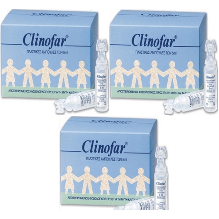 3 x Clinofar Αμπούλες Αποστειρωμένος Φυσιολογικός Ορός, Για Την Μύτη Και Τα Μάτια 15 x 5ml