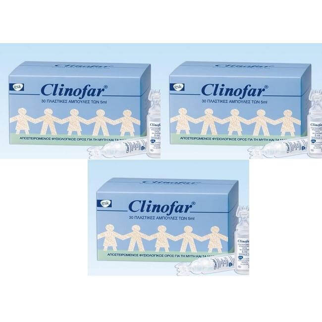3 x Clinofar Αποστειρωμένος Φυσιολογικός Ορός Για Τη Μύτη & Τα Μάτια 30 x 5ml