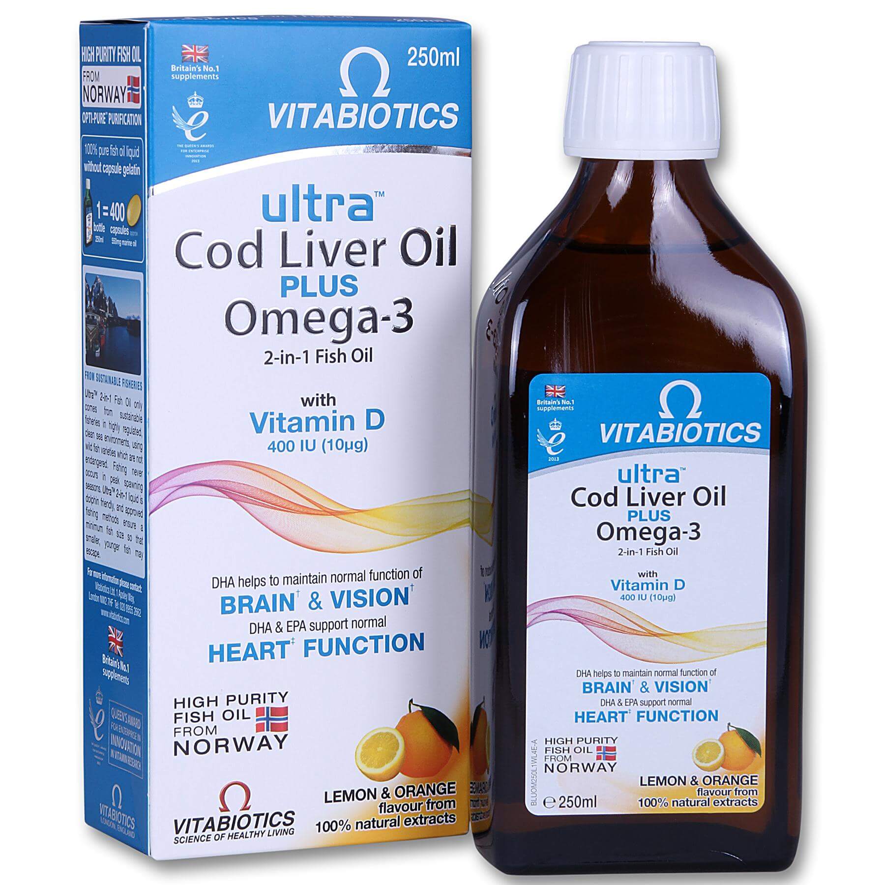 Vitabiotics Ultra 2 In 1 Cod Liver Oil Liquid Συνδυασμός Ωμέγα-3 Ιχθυελαίων και Μουρουνέλαιου 250ml