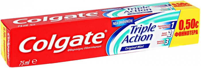Colgate Triple Action Οδοντόκρεμα Προστασία από Τερηδόνα, Λεκέδες, Καταπολέμηση Δυσάρεστης Αναπνοή Προσφορά -0.50€ 75ml