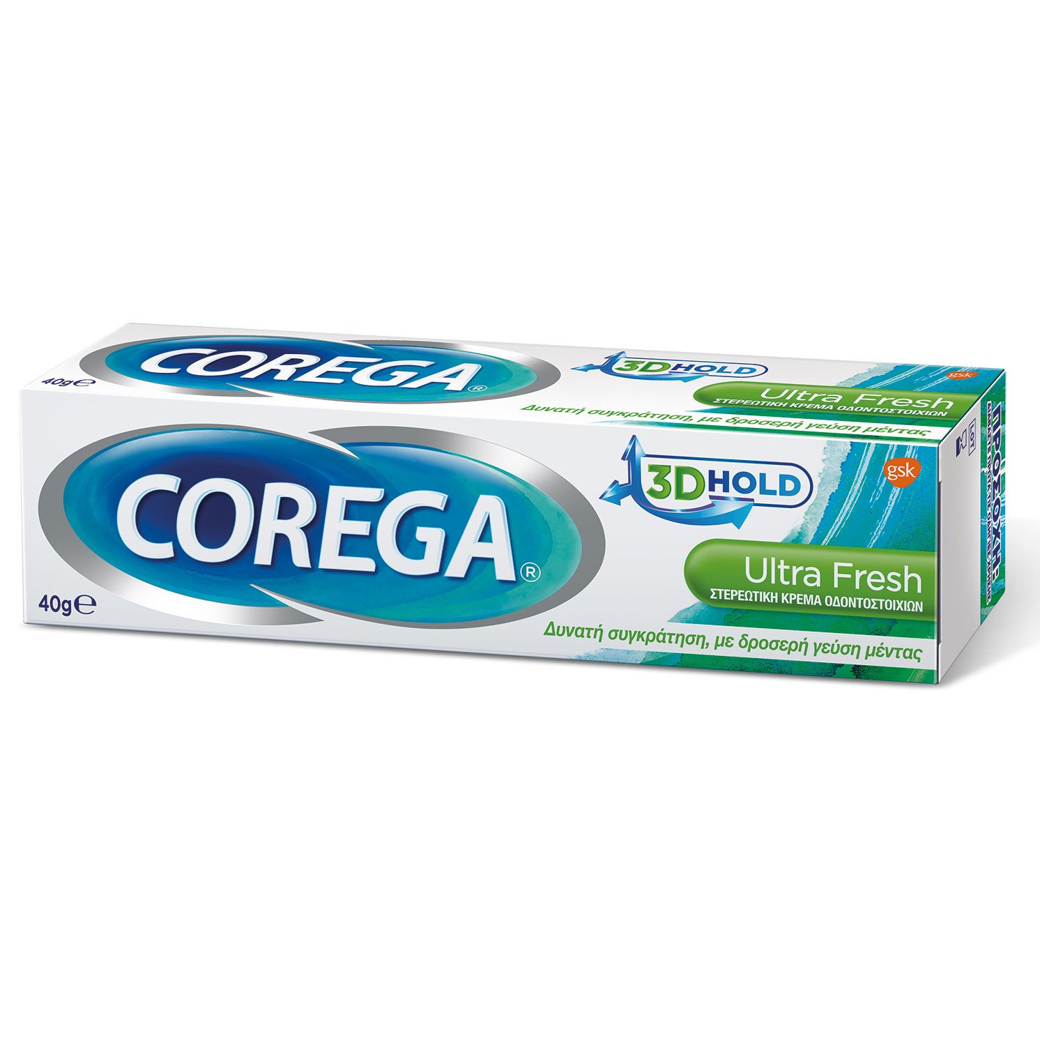 Corega 3D Hold Ultra Fresh Στερεωτική Κρέμα Οδοντοστοιχιών Προσφέρει Δυνατή Συγκράτηση, με Δροσερή Γεύση Μέντας 40gr
