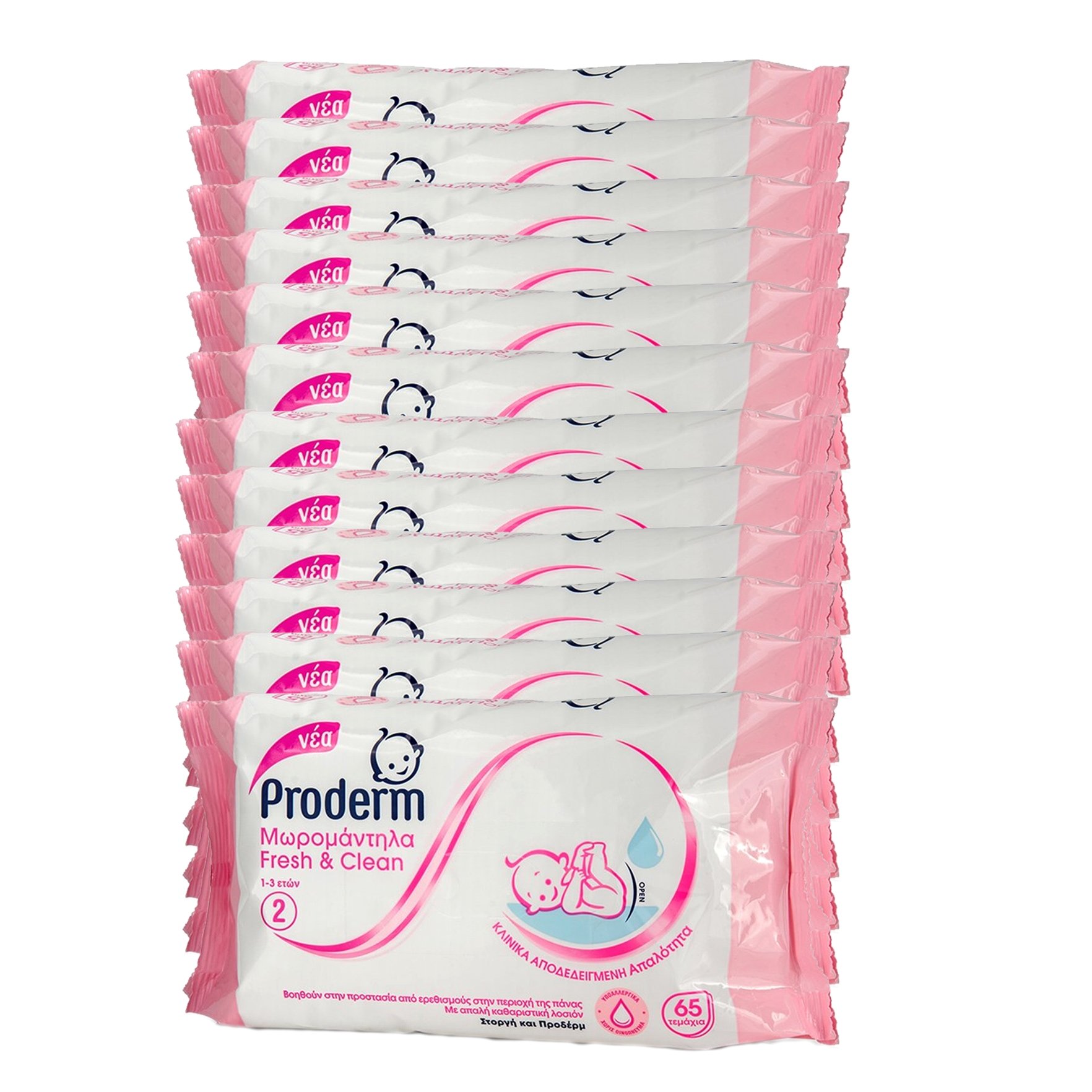 Proderm Πακέτο Προσφοράς Fresh & Clean Μωρομάντηλα για την Προστασία από Ερεθισμούς στην Περιοχή της Πάνας 1-3 Ετών 12×65Τεμάχια