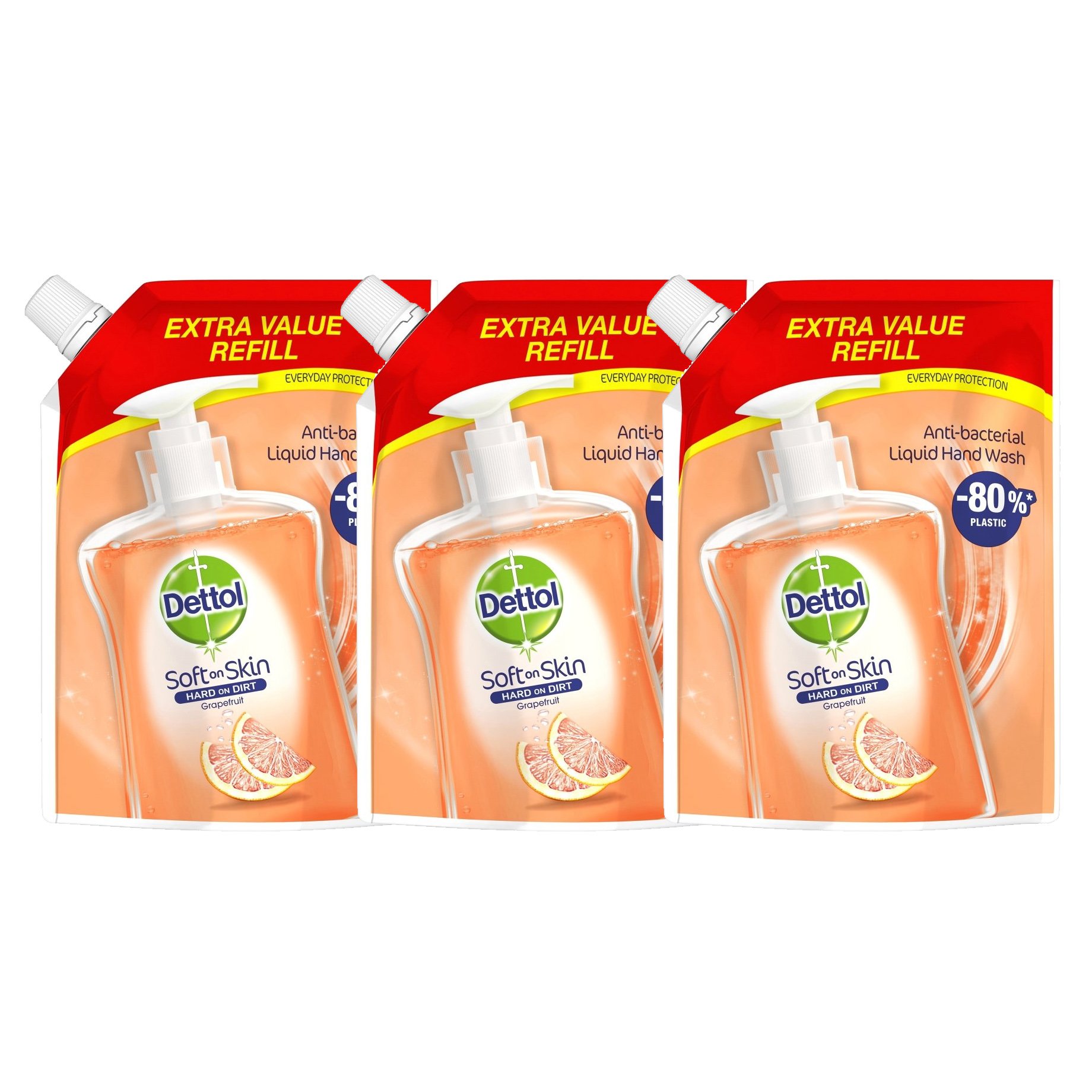 Dettol Πακέτο Προσφοράς Soft on Skin Hard on Dirt Grapefruit Refill Ανταλλακτικό, Αντιβακτηριδιακό, Υγρό Κρεμοσάπουνο 3x500ml