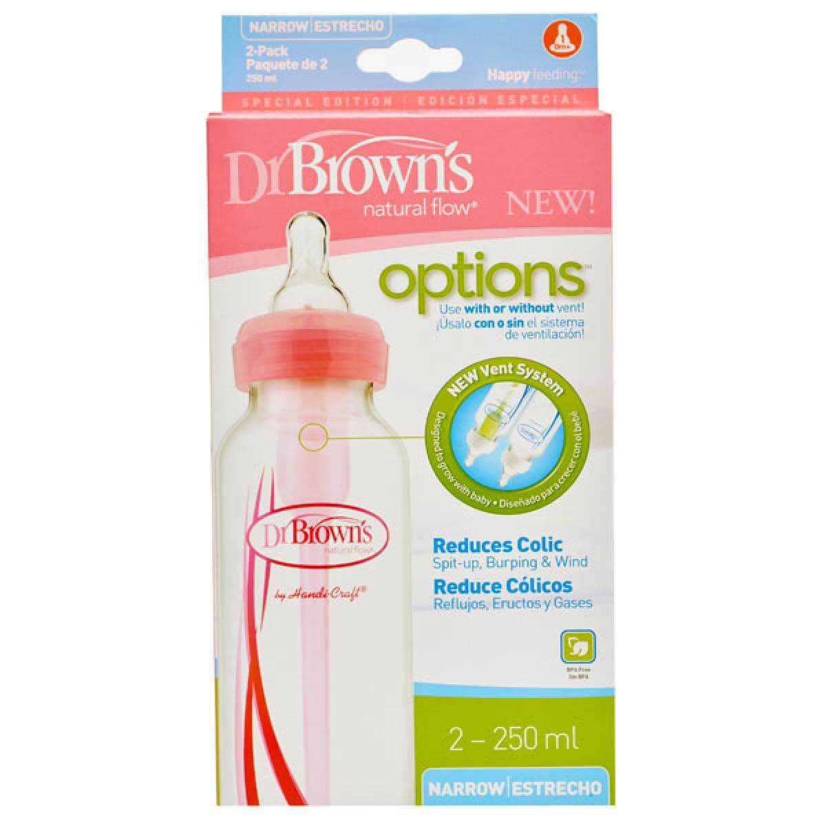 Dr. Brown’s Natural Flow Options Μπιμπερό Πλαστικό Ροζ με Στενό Λαιμό Θηλή Σιλικόνης 250ml 0m+ 2Τμχ SB82405_82305