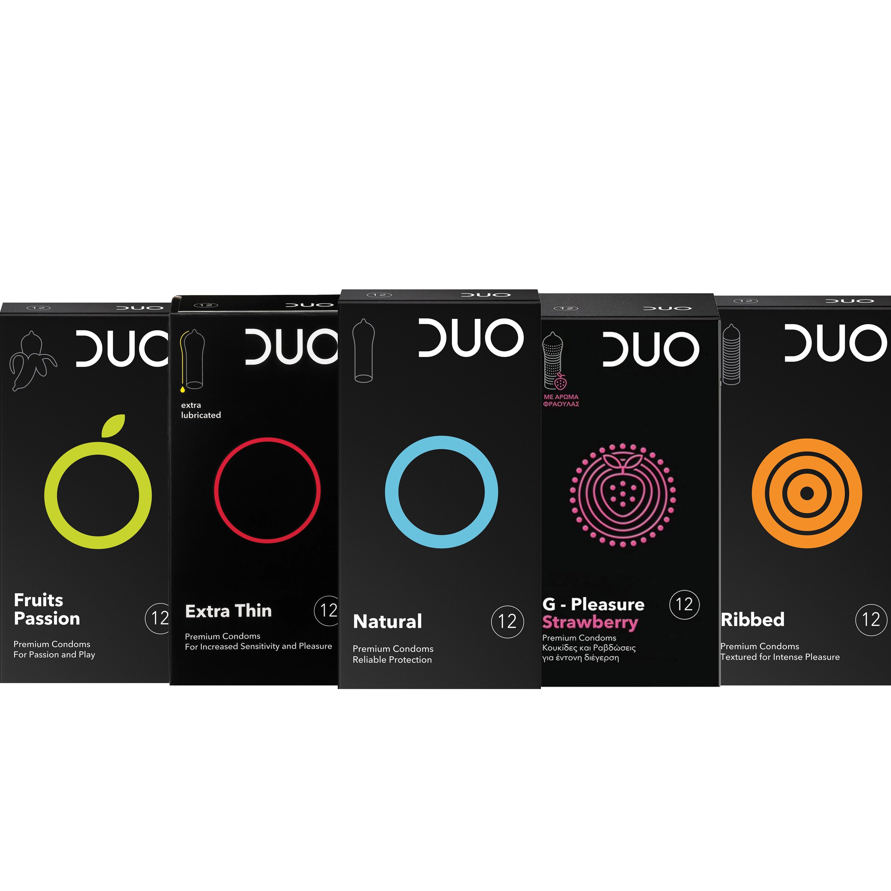 Duo Πακέτο Προσφοράς Fruits Passion, Extra Thin, Natural, G-Pleasure Strawberry, Ribbed Συλλογή Προφυλακτικών 5×12 Τεμάχια