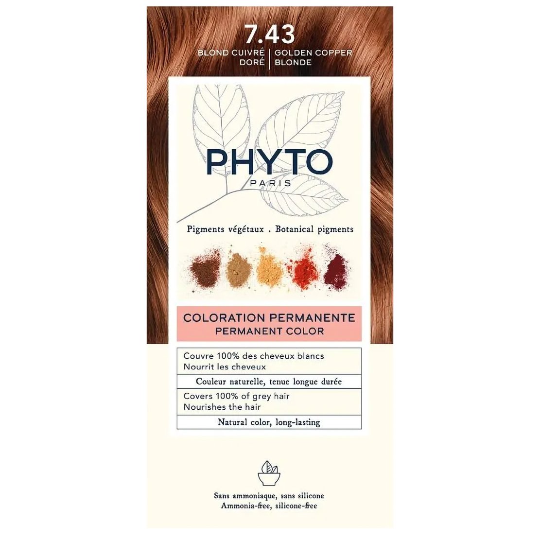 Phyto Permanent Hair Color Kit Μόνιμη Βαφή Μαλλιών με Φυτικές Χρωστικές, Χωρίς Αμμωνία 1 Τεμάχιο – 7.43 Ξανθό Χρυσοχάλκινο