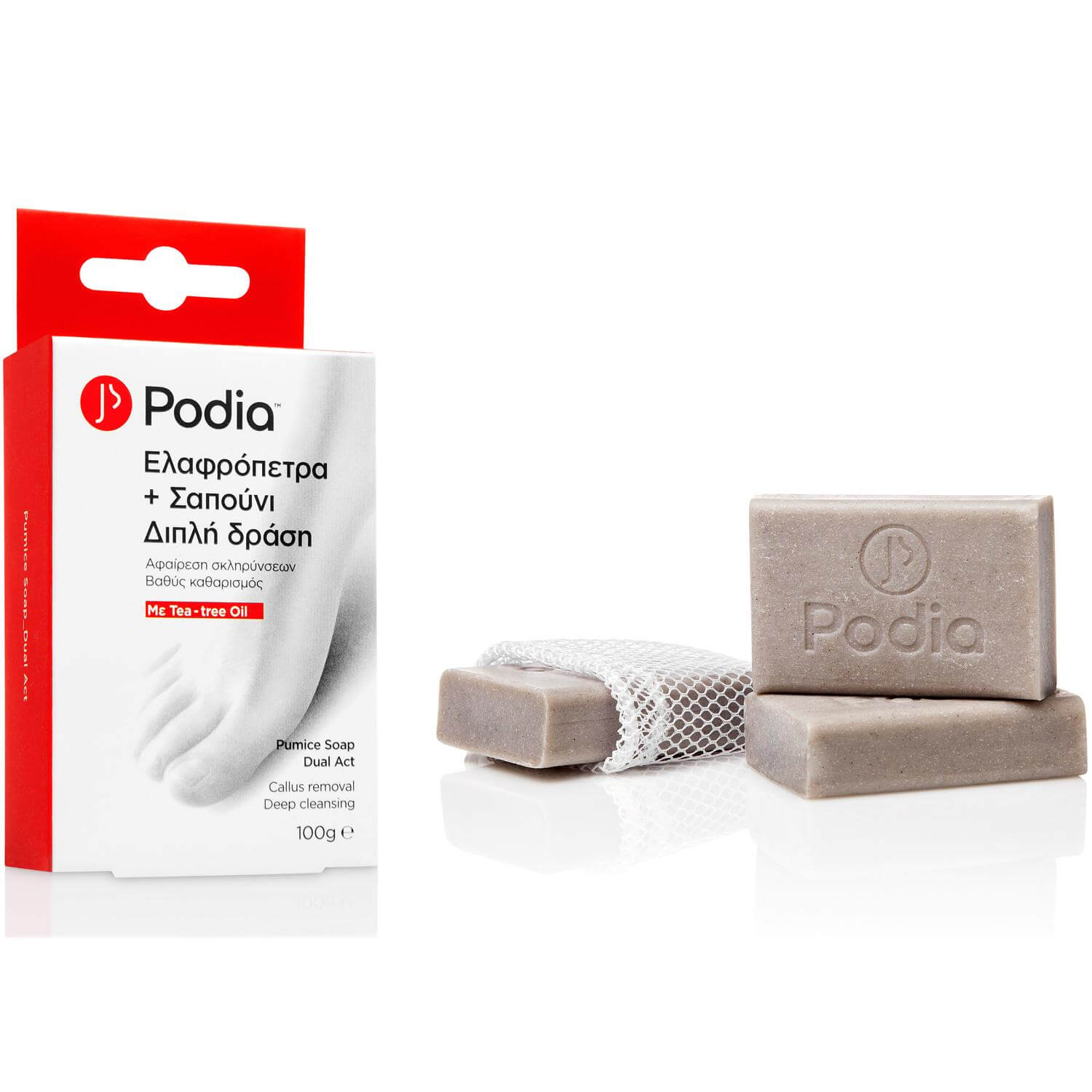 Podia Ελαφρόπετρα & Σαπούνι Διπλή Δράση με Tea Tree Oil για Αφαίρεση Σκληρύνσεων & Βαθύ Καθαρισμό 100 gr
