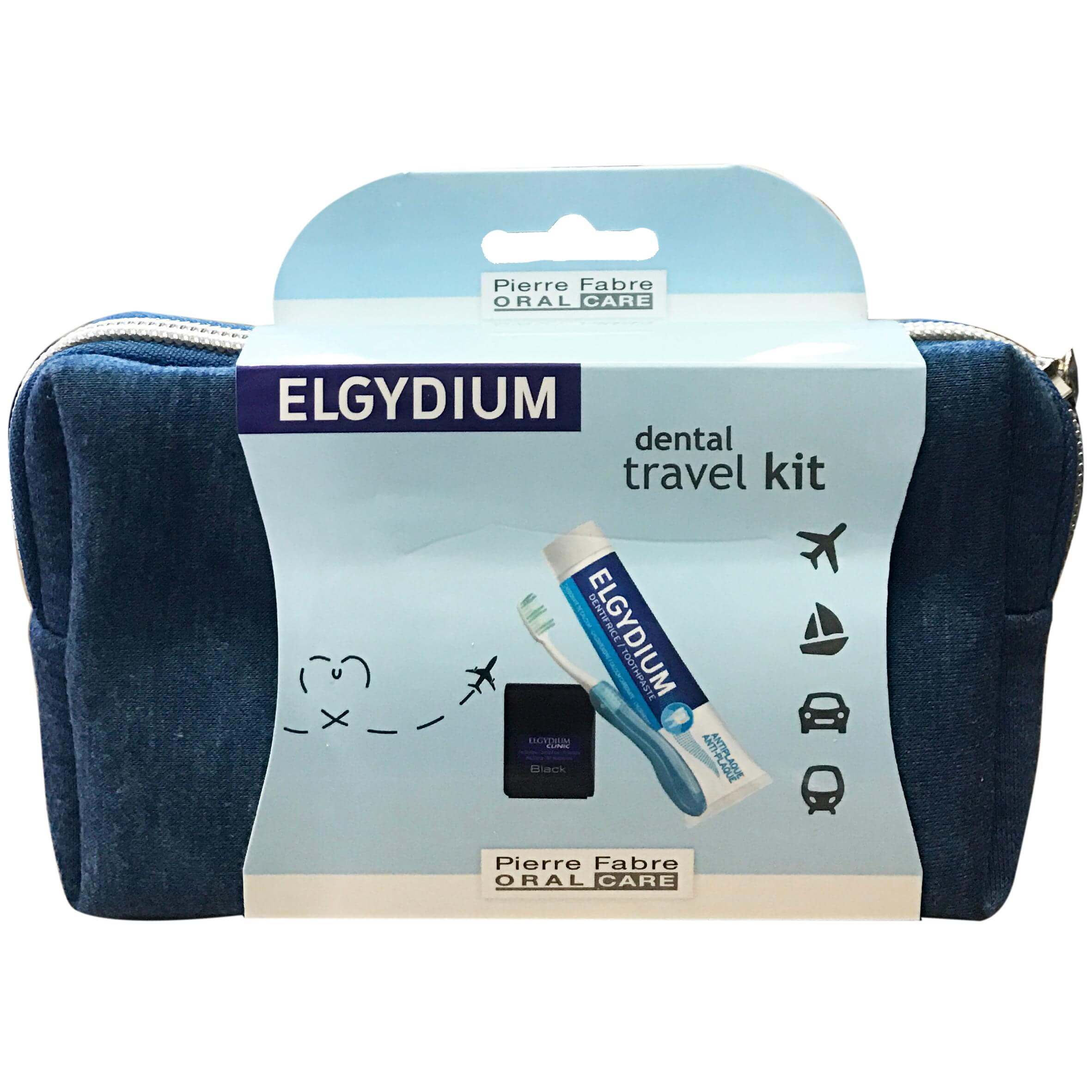 Elgydium Dental Travel Kit Σετ Ταξιδιού με Οδοντόβουρτσα, Οδοντόκρεμα, Οδοντικό Νήμα & Νεσεσέρ σε Μπλε Χρώμα
