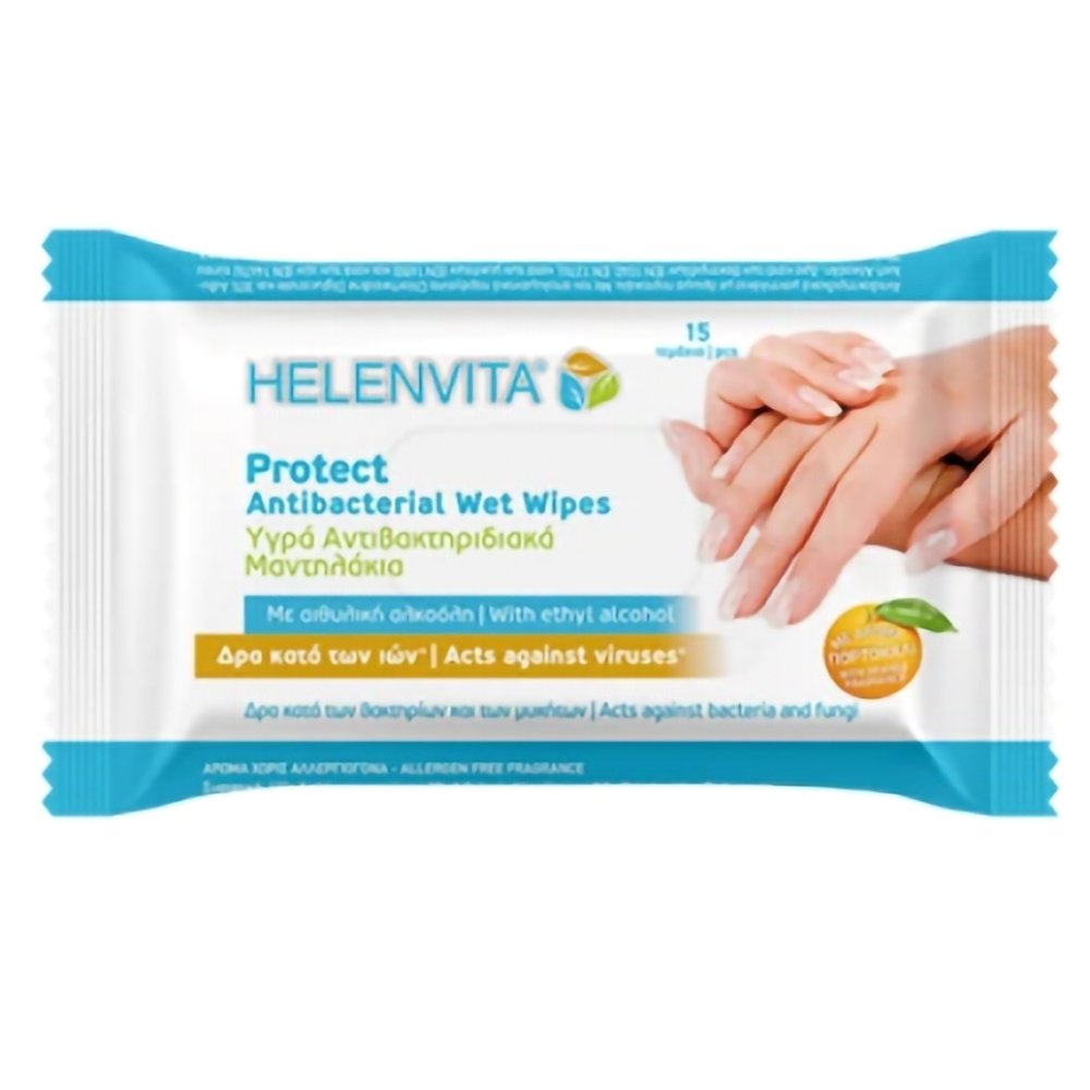 Helenvita Protect Antibacterial Wet Wipes Υγρά Αντιβακτηριδιακά Μαντηλάκια με Αιθυλική Αλκοόλη 15 Τεμάχια