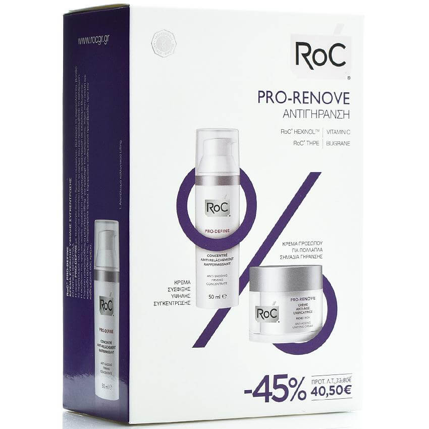 Roc Pro-Renove Κρέμα Αντιγήρανσης Προσώπου Πλούσιας Υφής 50ml & Pro-Define Κρέμα Σύσφιξης Υψηλής Συγκέντρωσης 50ml Promo -45%