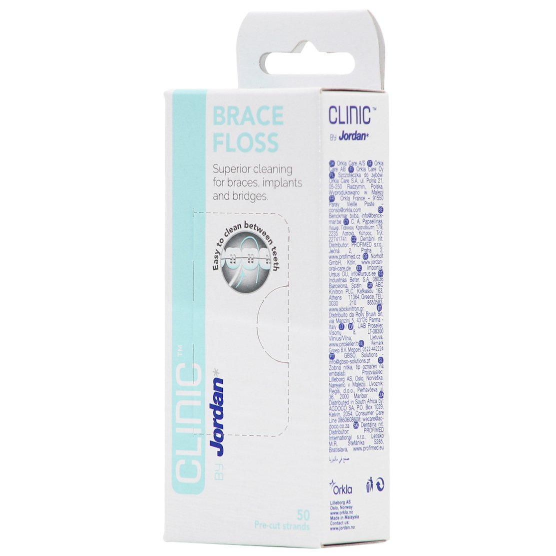Jordan Clinic Brace Floss Ανθεκτικό Οδοντικό Νήμα με Άκαμπτα Άκρα, Ιδανικό για Σιδεράκια, Εμφυτεύματα & Γέφυρες 50 Τεμάχια