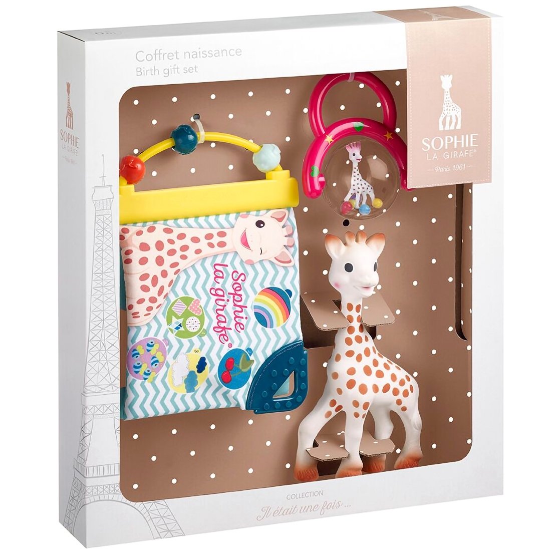 Sophie La Girafe Sophie La Girafe Πακέτο Προσφοράς Birth Gift Set Κωδ 010325 Παιχνίδι Οδοντοφυΐας Καμηλοπάρδαλη από Καουτσούκ, Κουδουνίστρα & Βιβλίο Δραστηριοτήτων 0m+, 1 Τεμάχιο