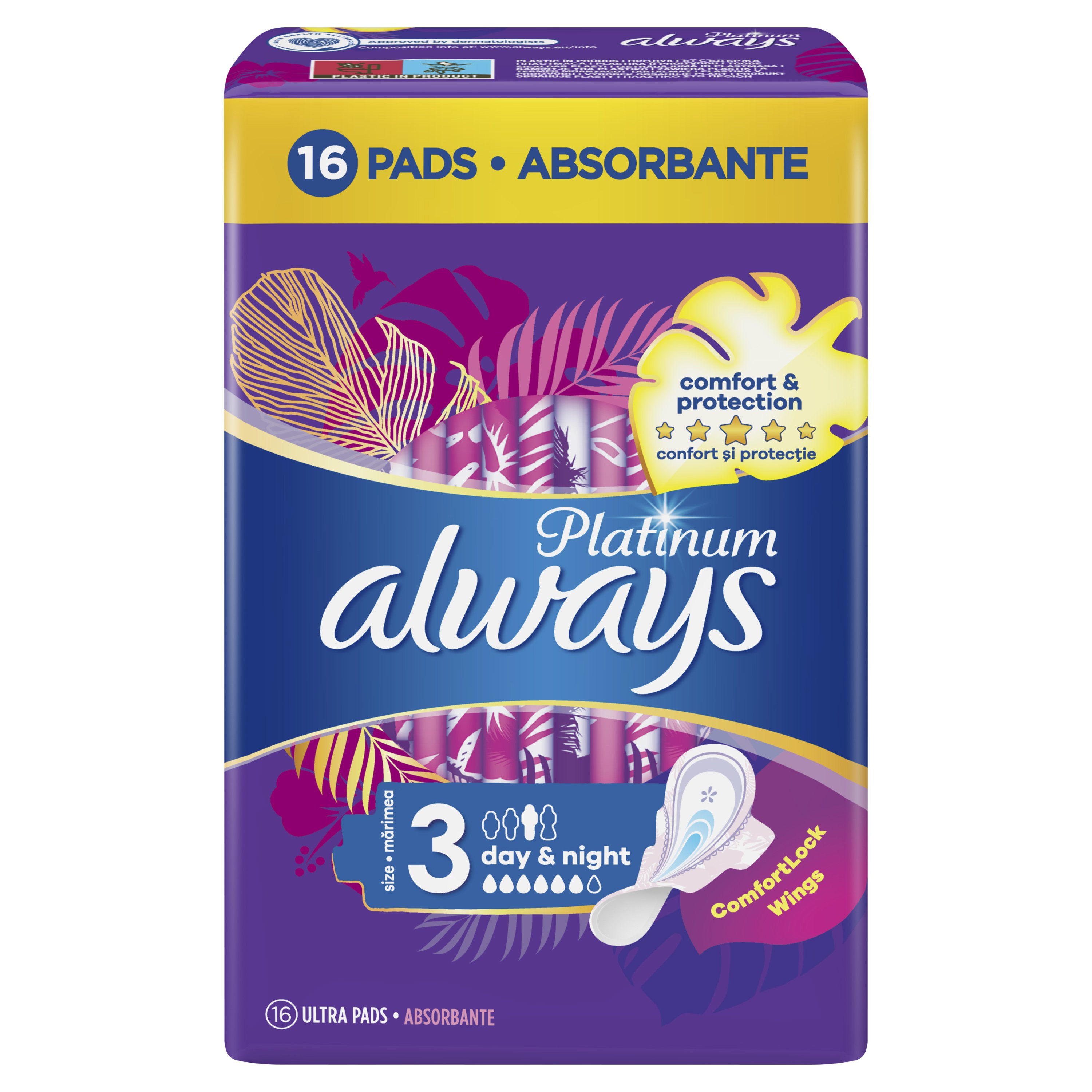 Always Platinum Day & Night Size 3 Σερβιέτες με Φτερά για Επιπλέον Άνεση & Προστασία, Μέρα & Νύχτα 16 Τεμάχια