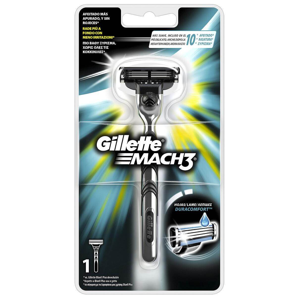 Gillette Mach 3 Ξυριστική Μηχανή με 3 Λεπτές Λεπίδες & Λιπαντική Ταινία Για πιο Βαθύ Ξύρισμα έως 100% Χωρίς Κοκκινίλες 1Τεμάχιο