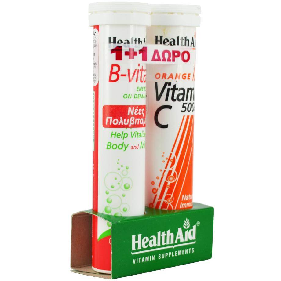 Health Aid Πακέτο Προσφοράς B-Vital Σύμπλεγμα Βιταμινών Β, C & Μετάλλων & Vitamin C 500mg Πορτοκάλι 1+1 Δώρο 2×20 Effer.tabs