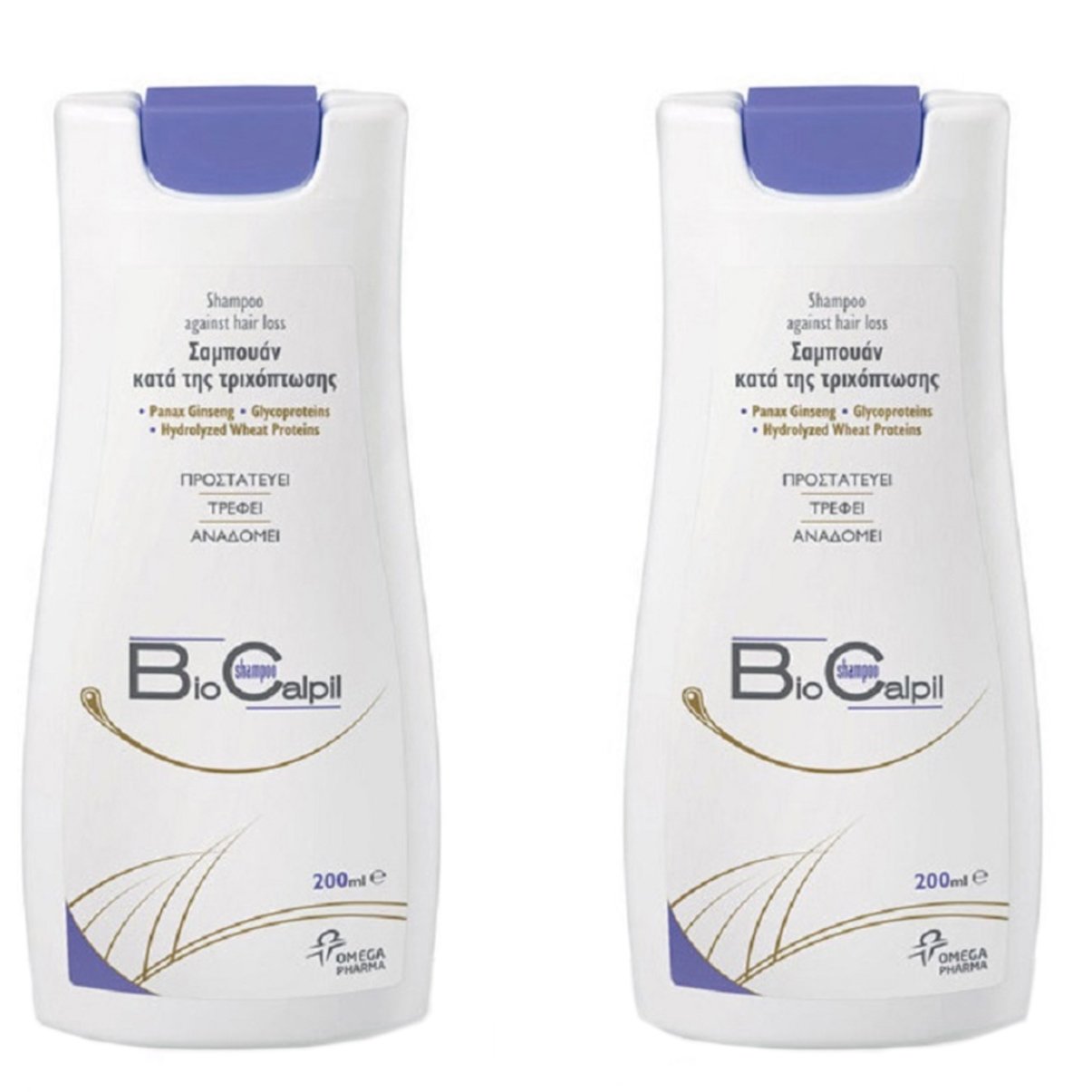 Omega Pharma Biocalpil Shampoo 1+1 Δώρο, Σαμπουάν κατά της τριχόπτωσης, Θρέφει και αναδομεί τα λεπτά και αδύναμα μαλλιά, 200 ml