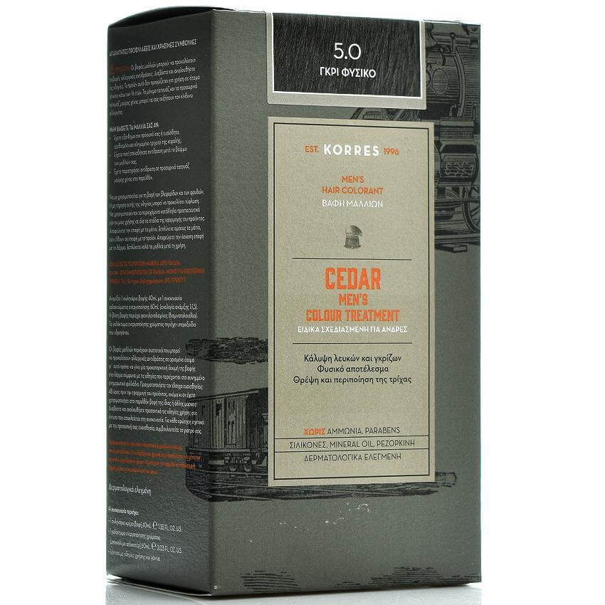 Korres Cedar Ανδρική Βαφή Μαλλιών Κέδρος, Προσφέρει Φυσικό Αποτέλεσμα στην Κάλυψη των Λευκών & των Γκρίζων Μαλλιών 40ml – 5.0 Γκρι Φυσικό