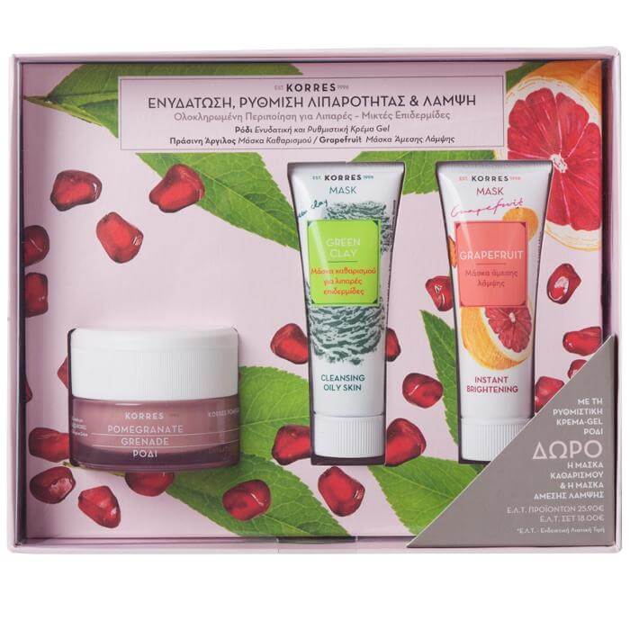 Korres Πακέτο Προσφοράς Pomegranate Cream Gel Λιπαρές-Μικτές Επιδερμίδες 40ml &Δώρο Green Clay Mask 18ml & Grapefruit Mask 18ml