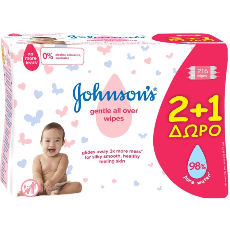 JohnsonS Baby Μωρομάντηλα Gentle All Over 2+1 Δώρο (72×3) 216τμχ.