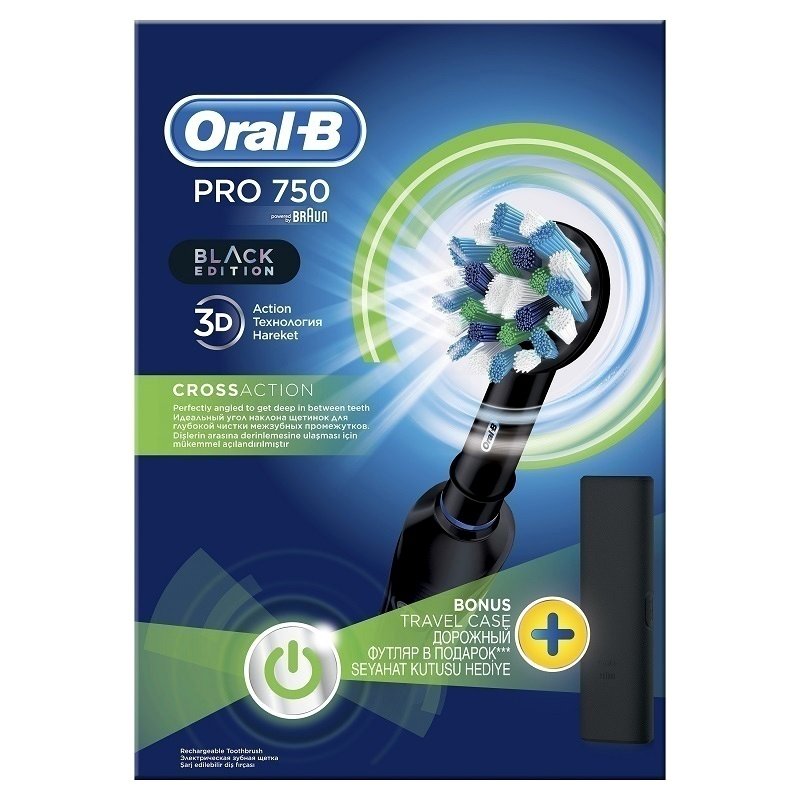 Oral B Pro 750 3D CrossAction Black Edition Ηλεκτρική Οδοντόβουρτσα & Δώρο Θήκη Ταξιδιού 1τμχ