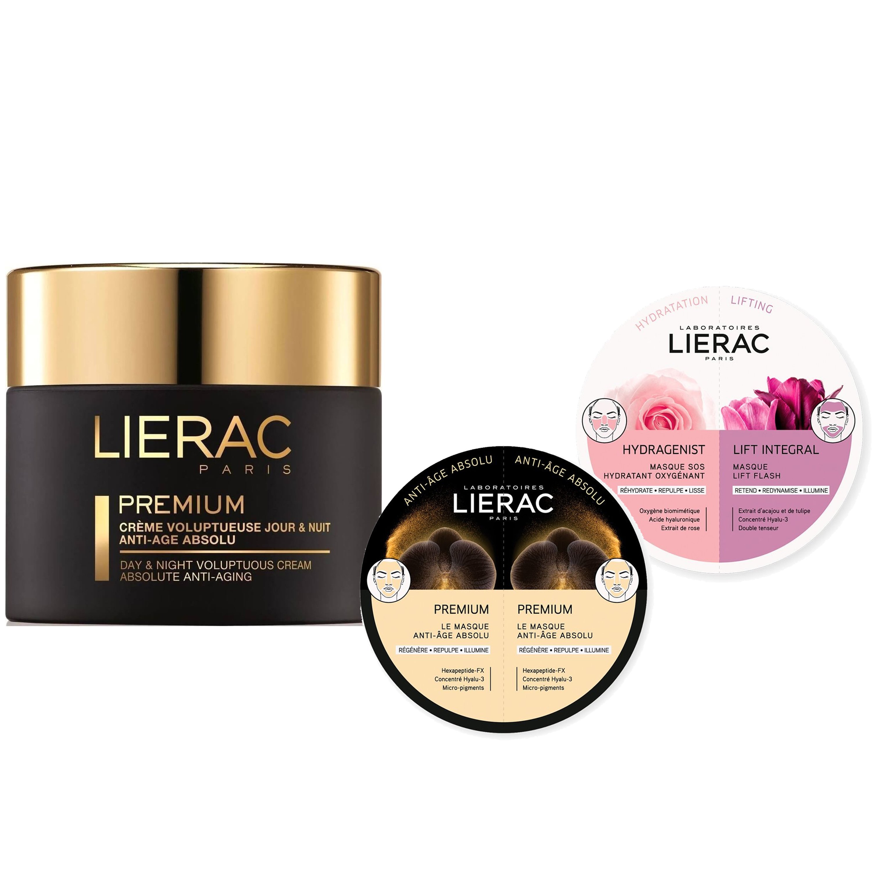 Lierac Πακέτο Προσφοράς Premium Creme Voluptueuse Night & Day Absolute Anti-Aging 50ml,Duo Masks Premium Anti-Age Absolu 2x6ml,Hydragenist Masque SOS Hydratant & Lift Integral Masque Lift Flash 2x6ml