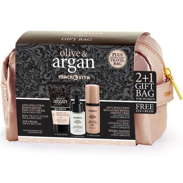 Macrovita Πακέτο Προσφοράς Argan Anti-Pollution Fluide Creme 50ml, Hyaluronic Βeauty Εlixir 15ml &Δώρο Eye Cream 30ml + gift bag