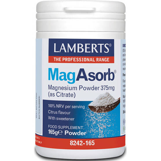 MagAsorb 375mg Powder165gr – Lamberts,Συμπλήρωμα Διατροφής για την Ανάπτυξη των Οστών & τη Σωστή Λειτουργία Νευρικού Συστήματος