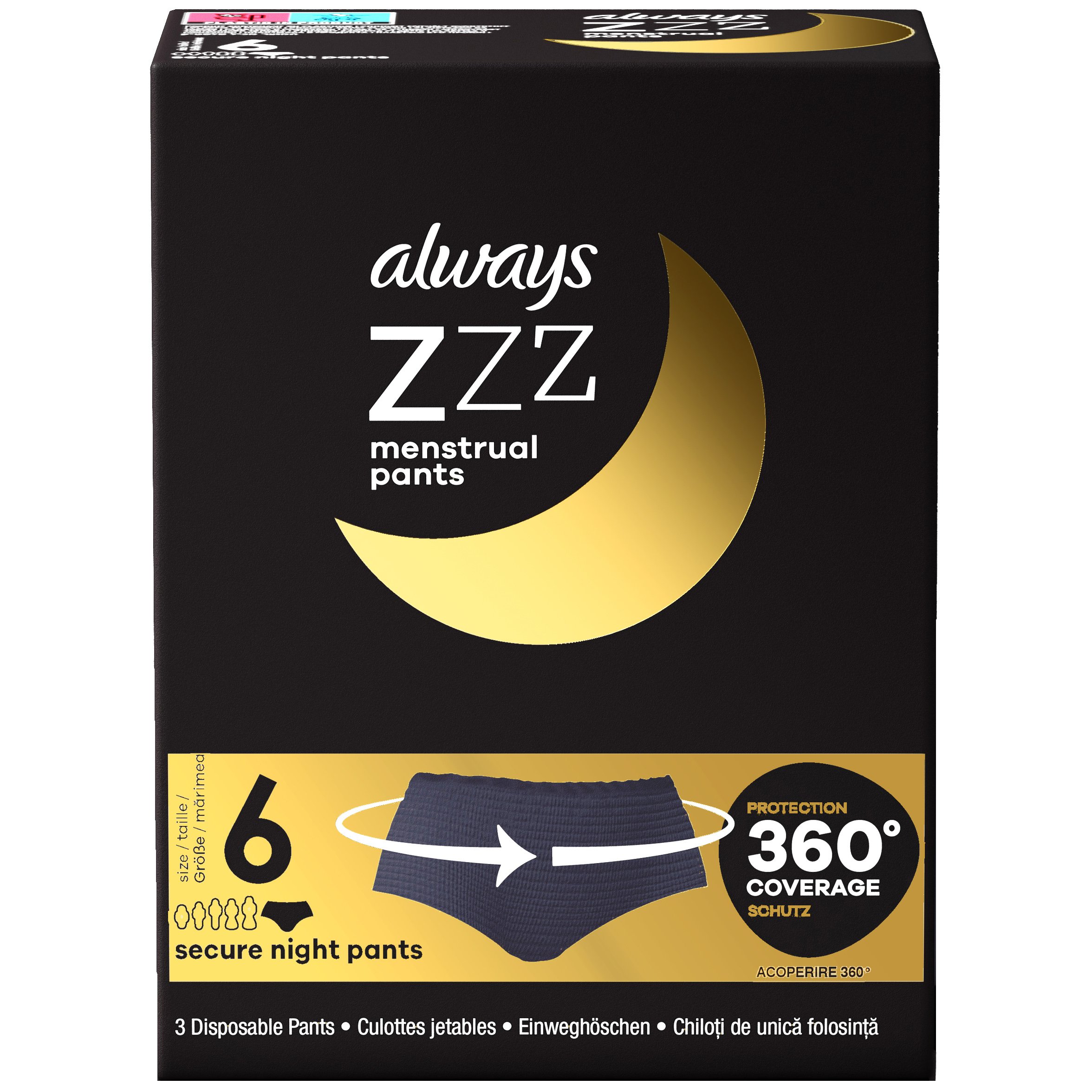 Always ZZZ Menstrual 360° Overnight Disposable Period Underwear Pants Γυναικεία Μαύρα Εσώρουχα Περιόδου Νυχτός μιας Χρήσης 3 Τεμάχια