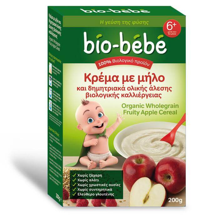 Bio Bebe Κρέμα με μήλο & δημητριακά ολικής άλεσης βιολογικής καλλιέργειας 200gr
