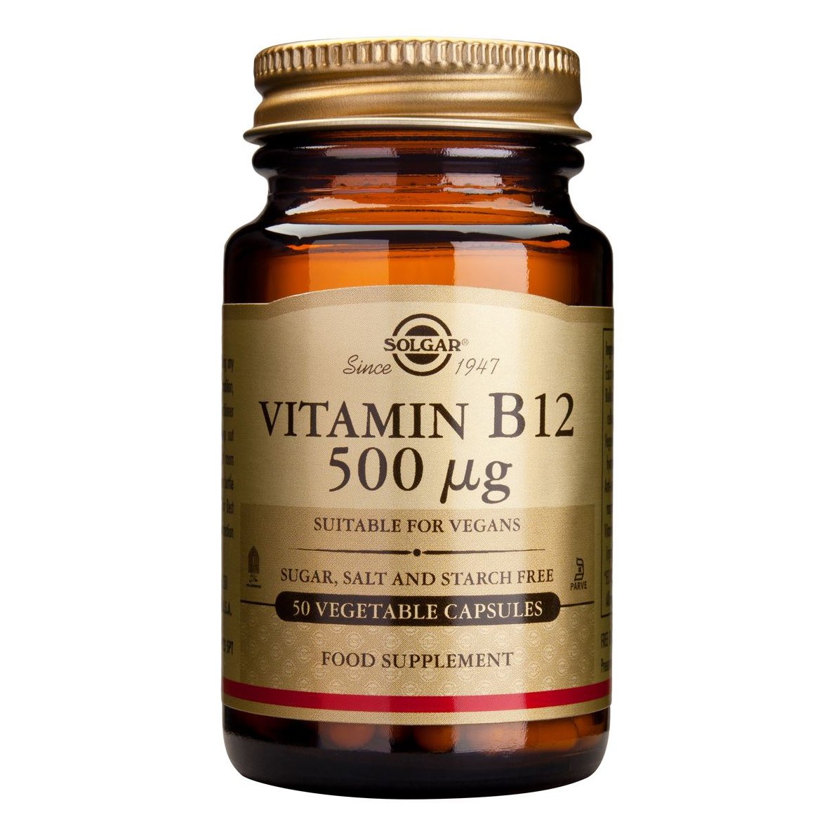 Solgar Vitamin B12 500μg (κοβαλαμίνη) Συμπλήρωμα Διατροφής για τη Φυσιολογική Λειτουργία του Γαστροπεπτικού & Νευρικού Συστήματος 50veg.caps