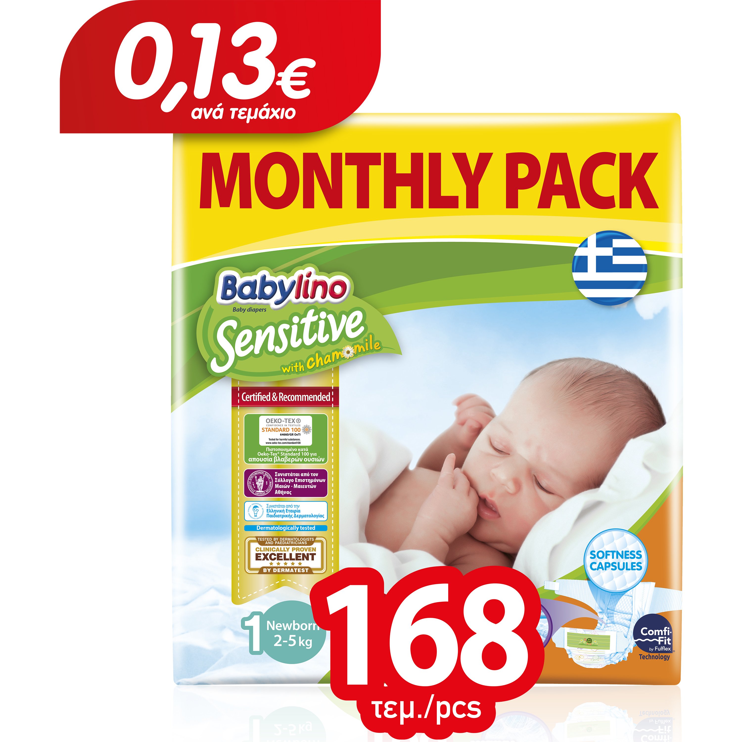 Babylino Sensitive Monthly Pack Newborn Νο1 (2-5kg) Βρεφικές Πάνες 168 τεμάχια